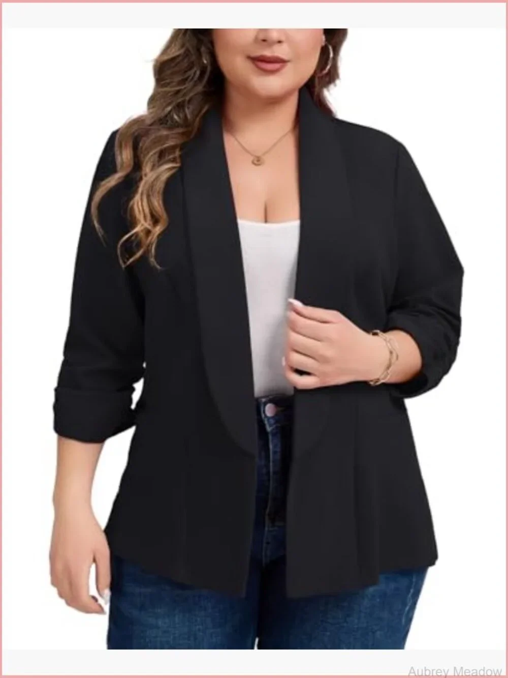 Plus Size Ruched 3/4 Sleeve Blazer Open Front Shawl Collar Suit Jacket